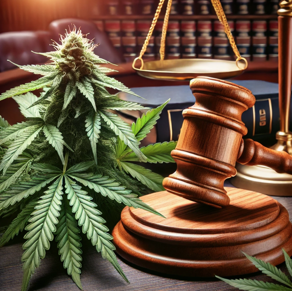 Cannabis plant next to a wooden judge's gavel and scales of justice in a legal setting