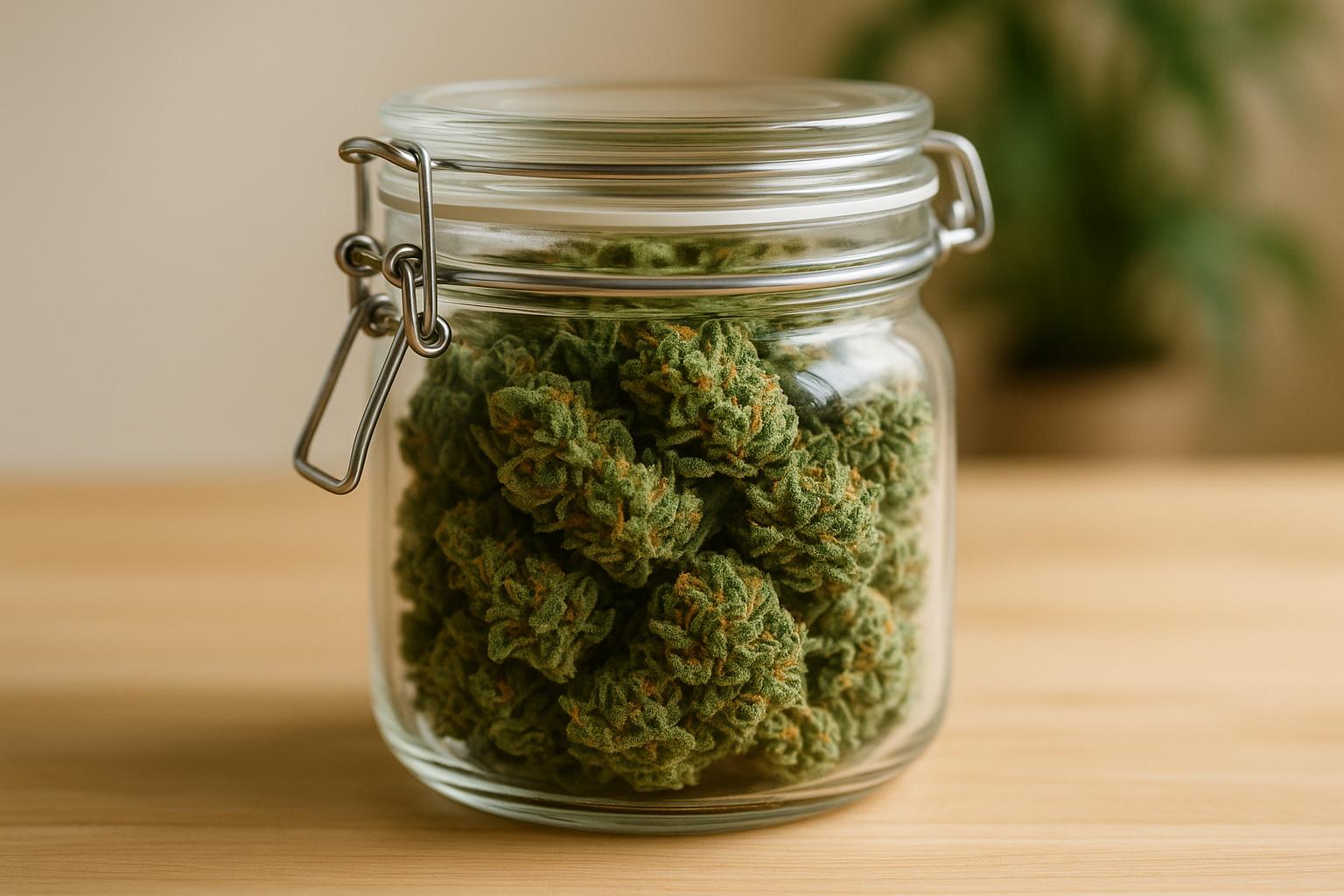 Premium indoor cannabis flower buds stored in a glass airtight jar on a wooden surface