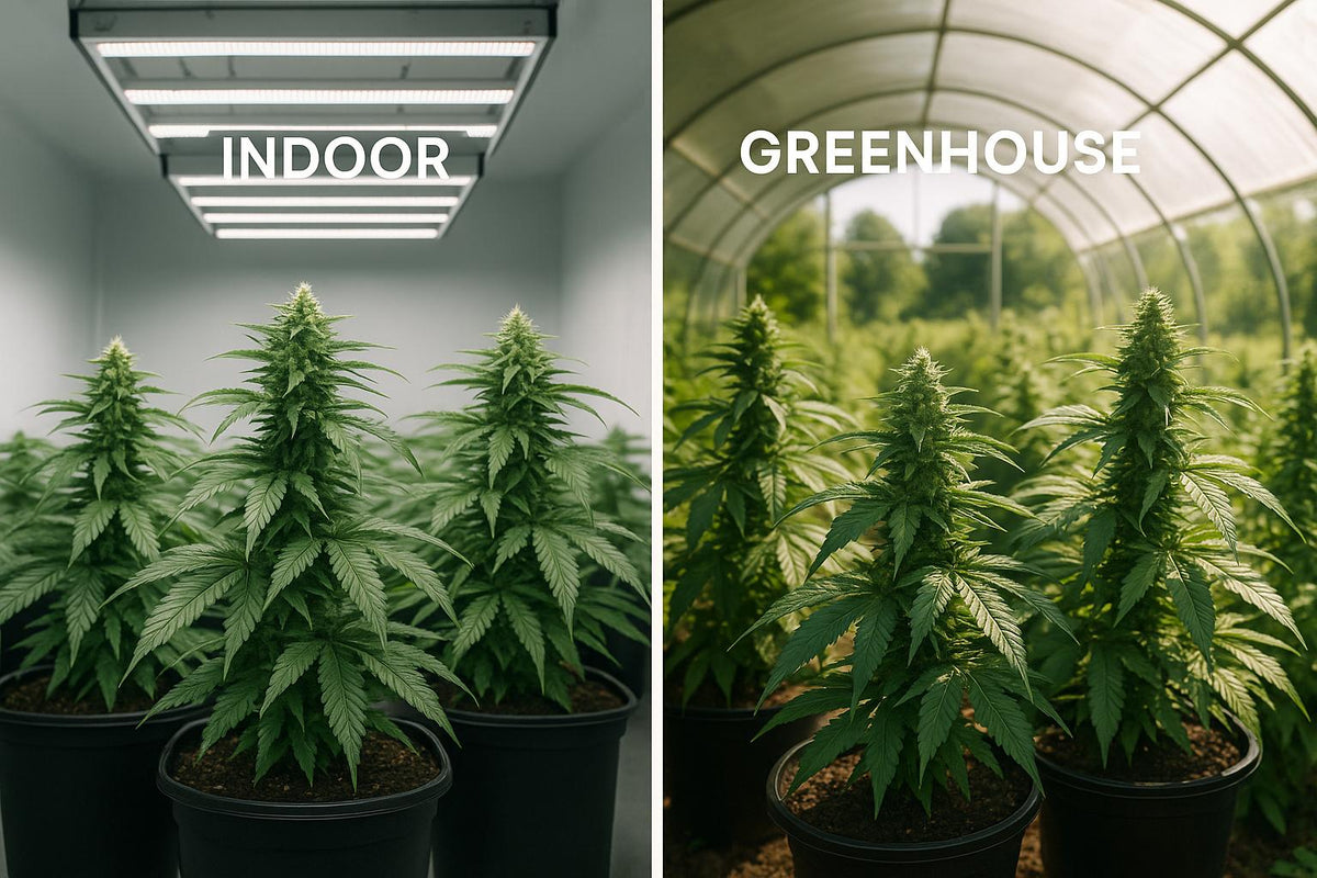 Comparison of cannabis plants grown in an indoor facility versus a greenhouse setting.