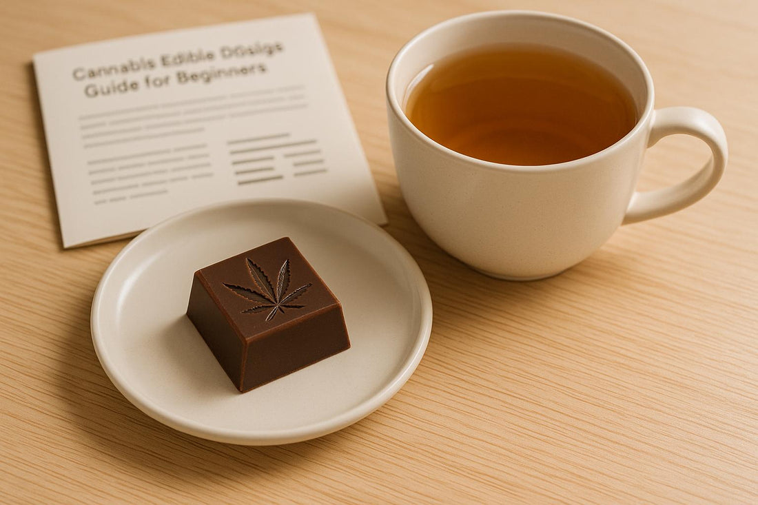 A cannabis chocolate edible on a plate next to a cup of tea and a dosage guide.