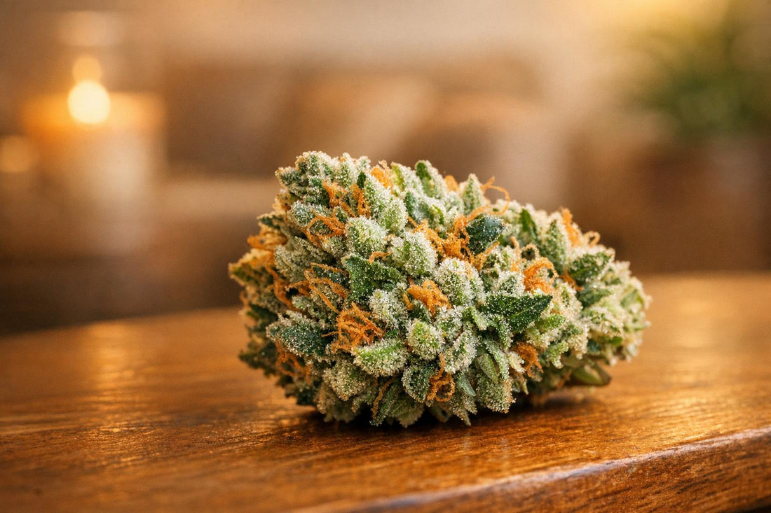 Close-up of a premium cannabis flower bud on a wooden surface.