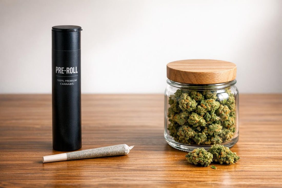 Premium cannabis flower in a glass jar next to a pre-roll and its black packaging.