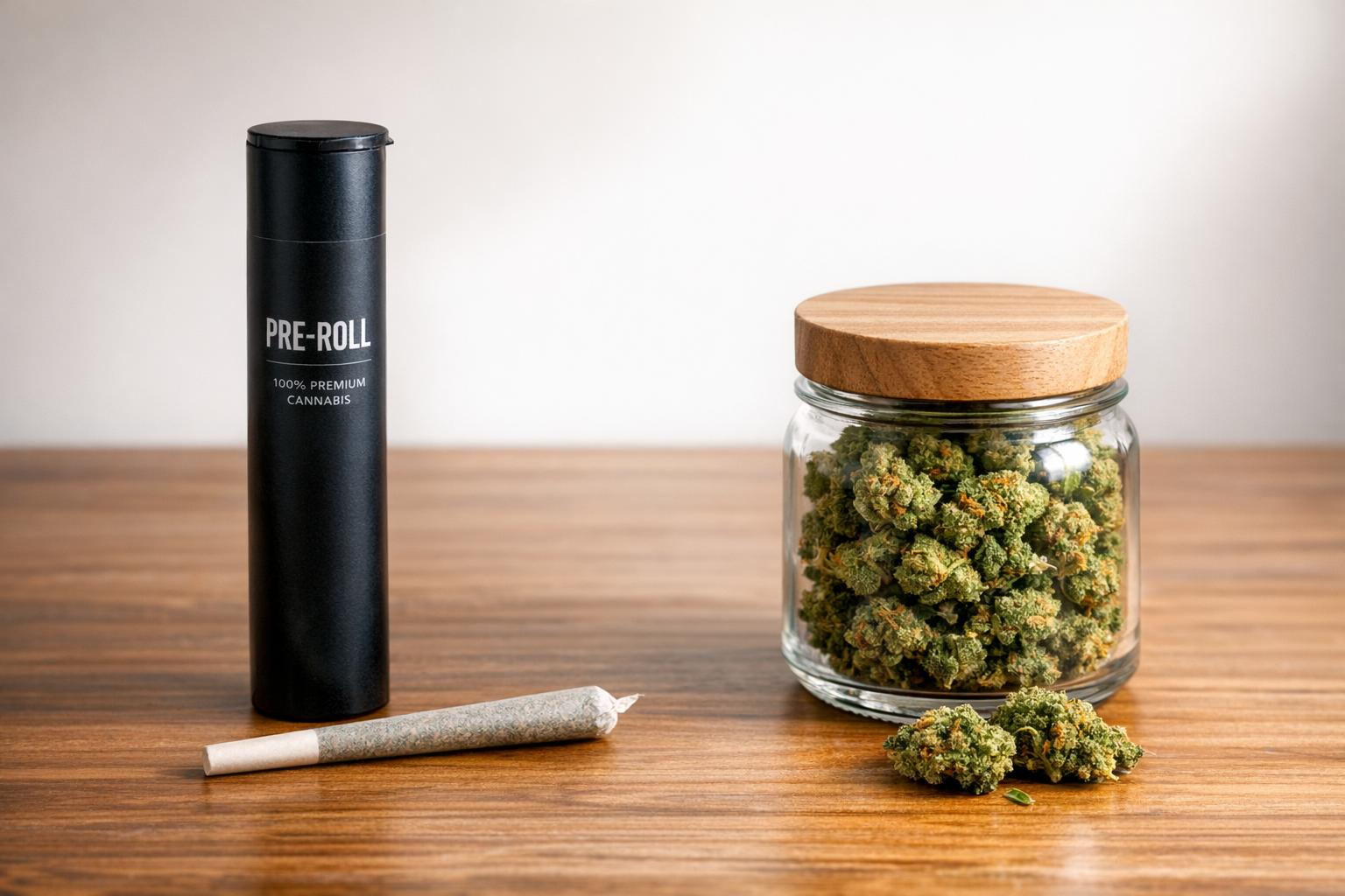 Premium cannabis flower in a glass jar next to a pre-roll and its black packaging.