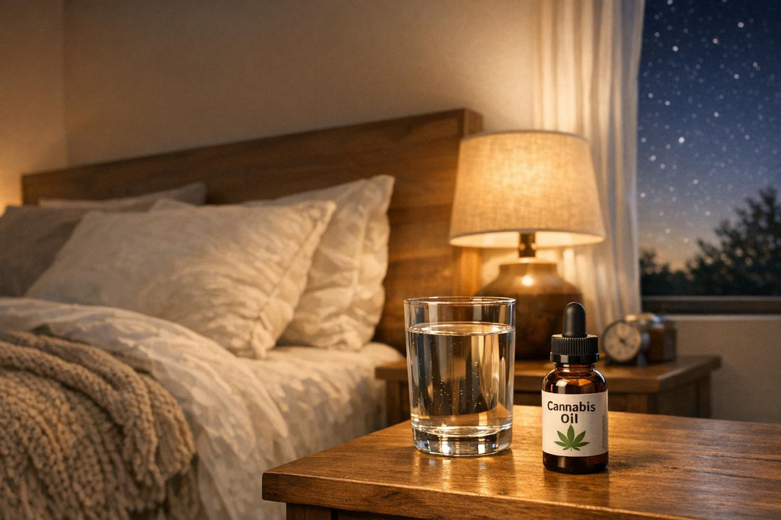 A bottle of cannabis oil and a glass of water on a wooden nightstand next to a cozy bed.