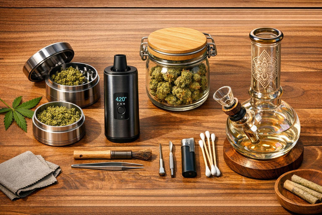 Premium cannabis accessories set including a bong, grinder, vaporizer, and glass jar of flower.