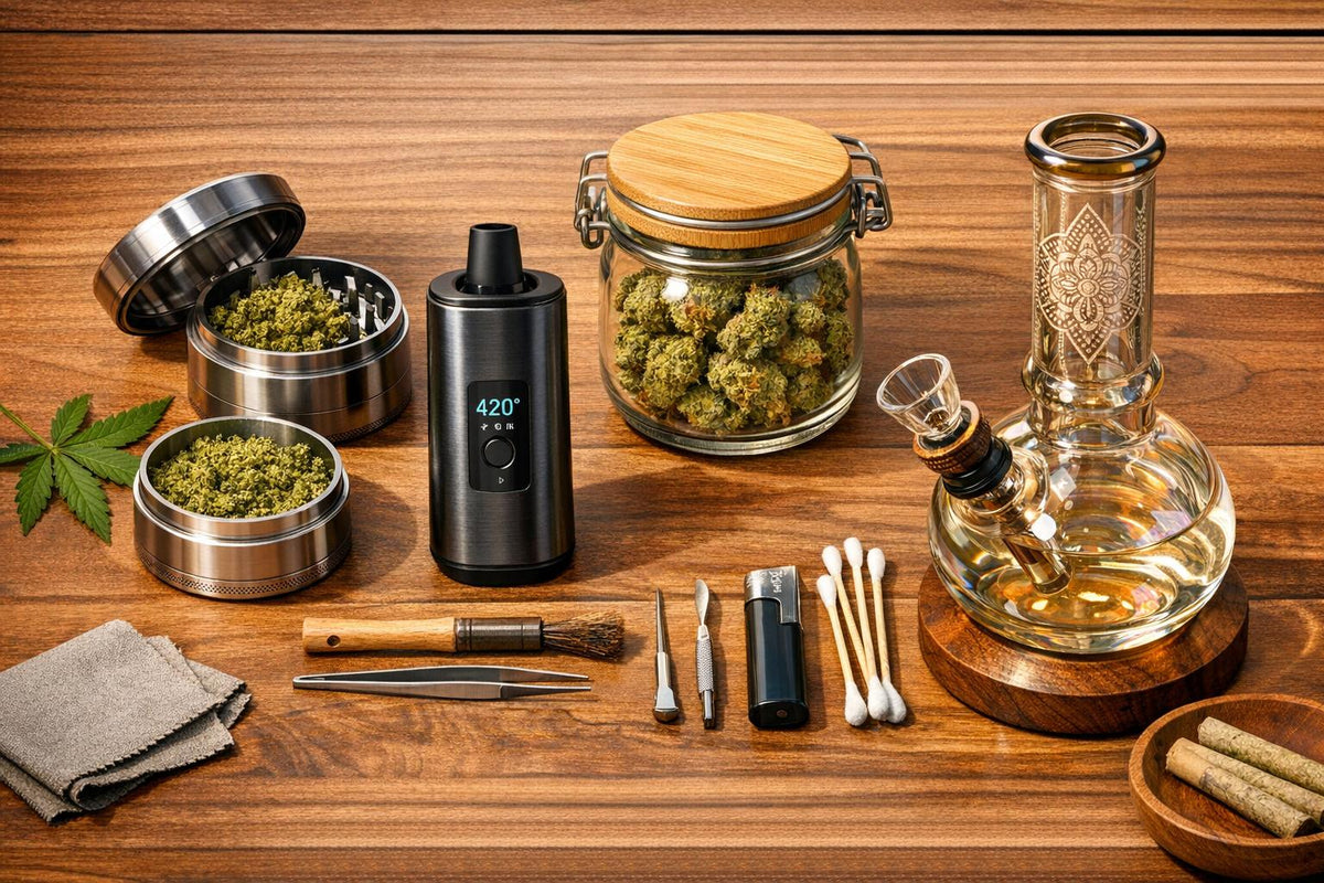 Premium cannabis accessories set including a bong, grinder, vaporizer, and glass jar of flower.
