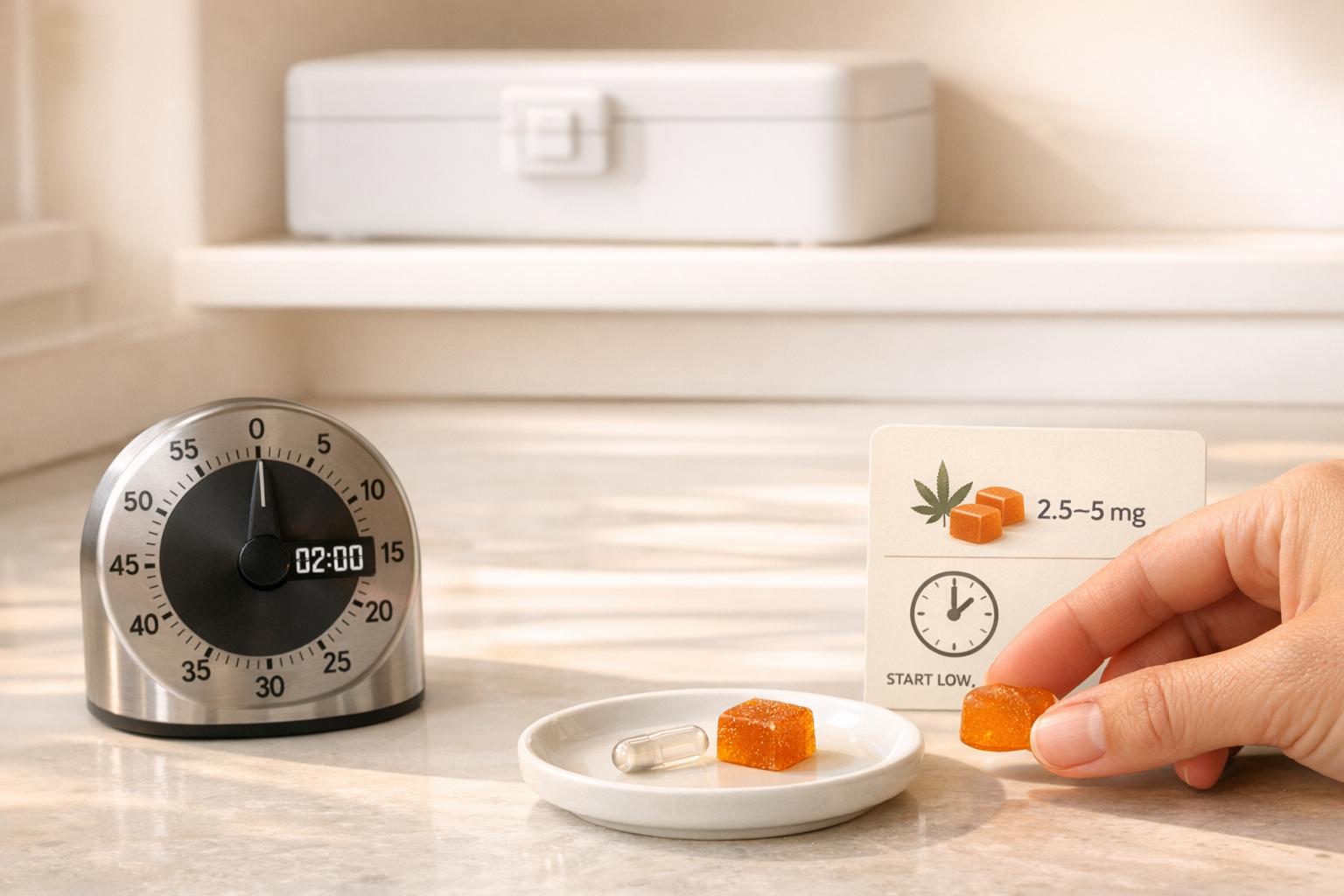 Cannabis edibles and a capsule on a plate next to a timer and dosage card.