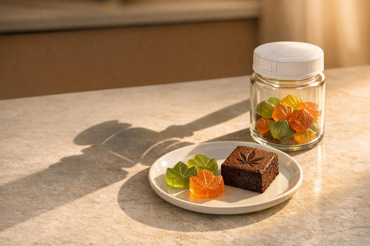 Cannabis-infused chocolate brownie and leaf-shaped gummy candies on a plate.