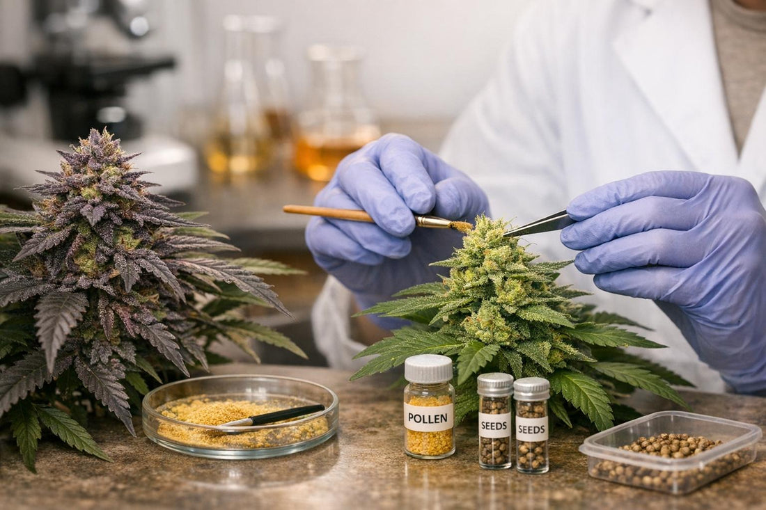 Scientist in blue gloves pollinating a cannabis plant in a laboratory setting