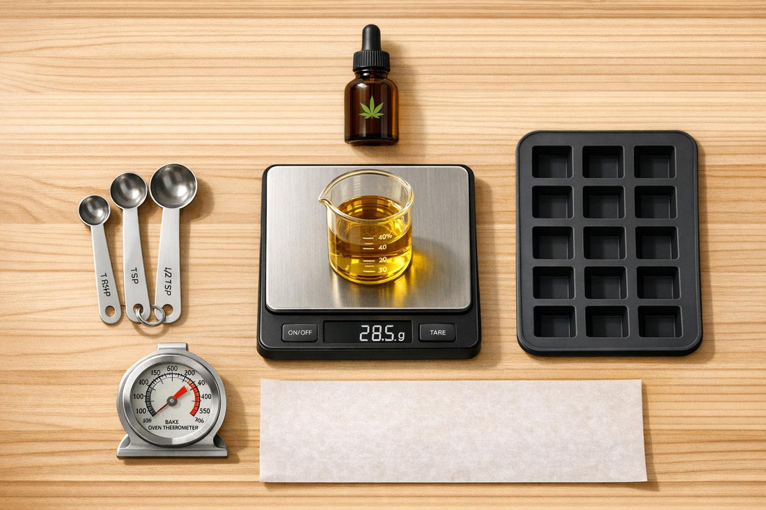 Cannabis oil preparation tools with a scale, beaker, measuring spoons, and baking tray.