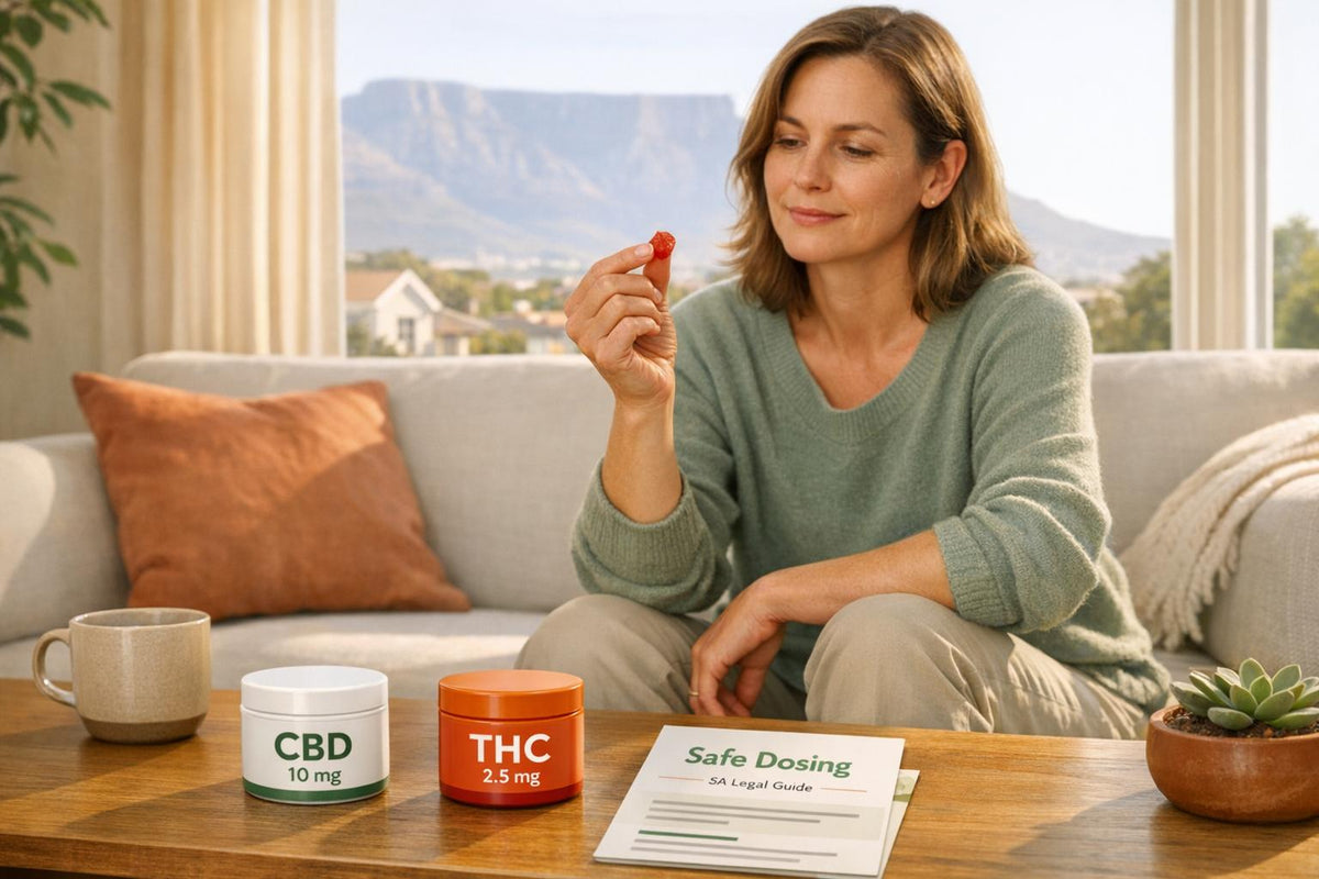 Woman holding a cannabis edible next to CBD and THC jars and a dosing guide.