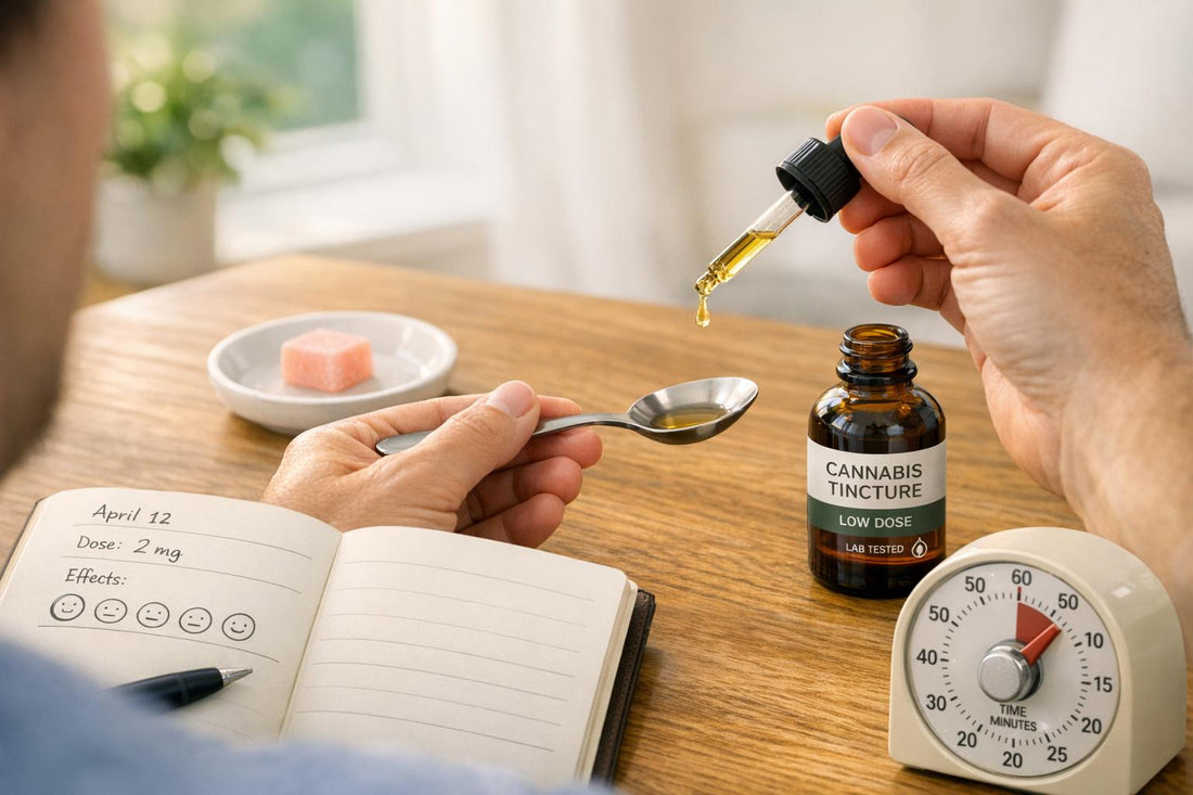 A person using a dropper to put cannabis tincture oil into a spoon next to a dosage log.