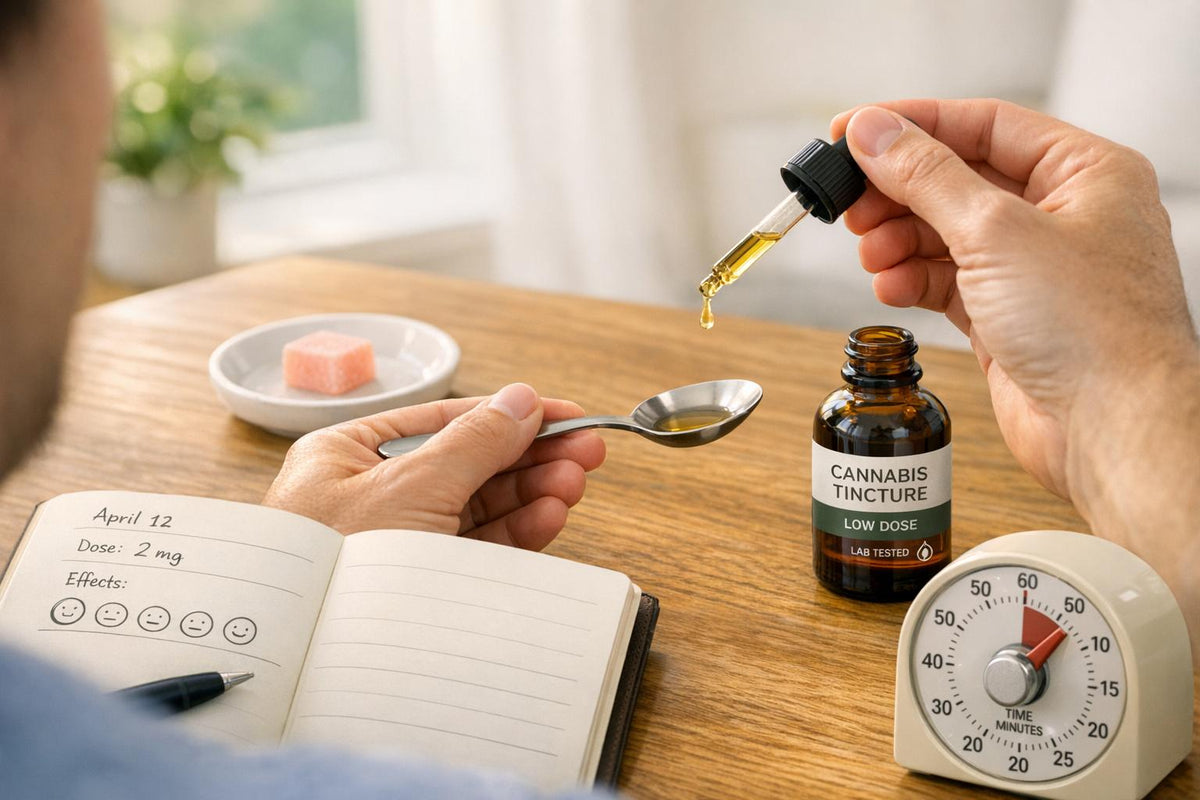 A person using a dropper to put cannabis tincture oil into a spoon next to a dosage log.