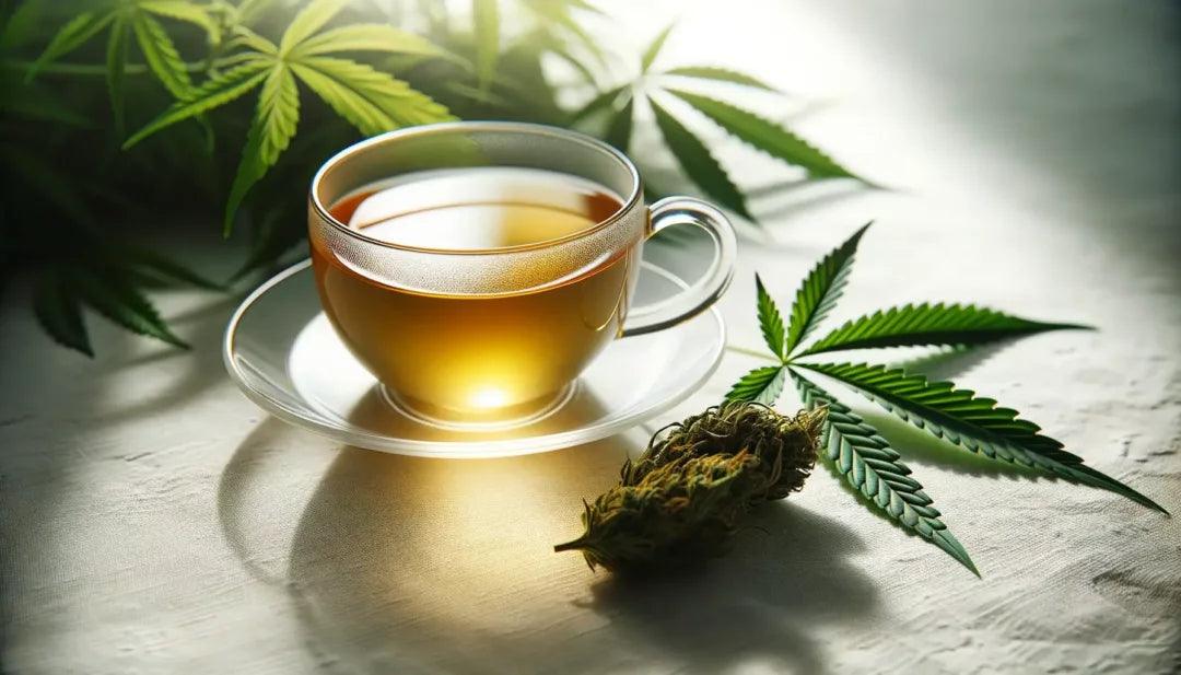 A glass cup of herbal cannabis tea with a cannabis bud and leaves on a light surface.