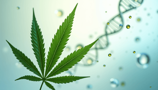 A green cannabis leaf superimposed against a digital DNA helix background.