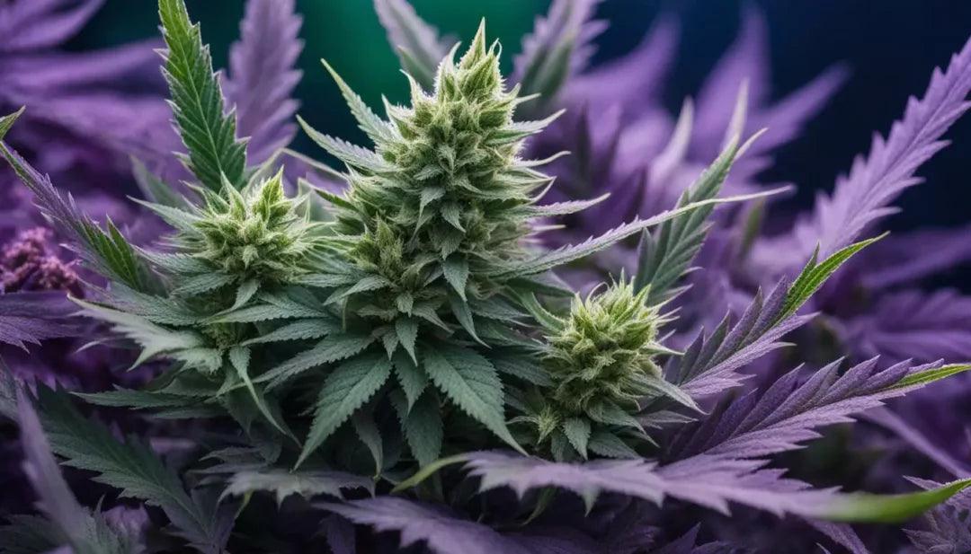 Close-up of premium purple cannabis flower buds with crystalline trichomes.