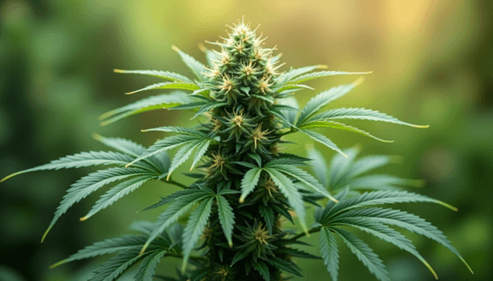Close-up of a premium cannabis flower bud with lush green leaves.