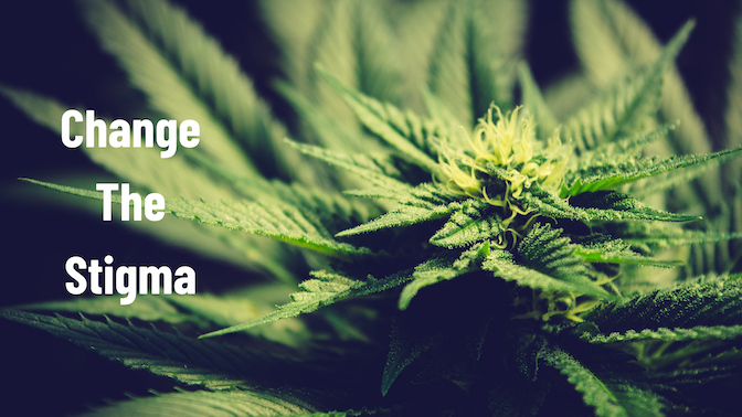 Close-up of a green cannabis flower with the text 'Change The Stigma'