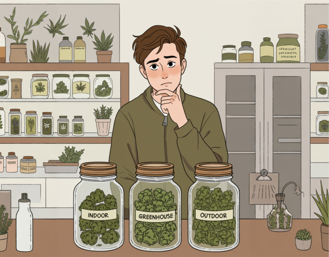 A confused man deciding between indoor, greenhouse, and outdoor cannabis flower jars in a shop.