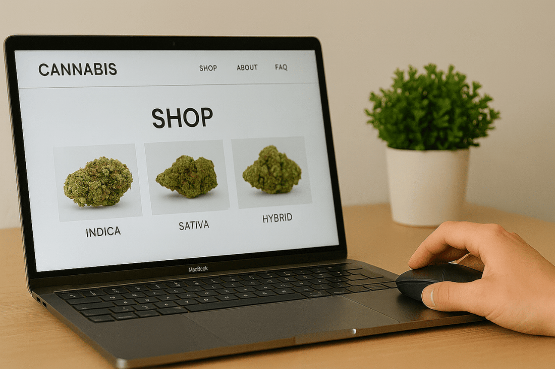 Hand using a mouse on a laptop displaying an online cannabis shop for Indica, Sativa, and Hybrid.