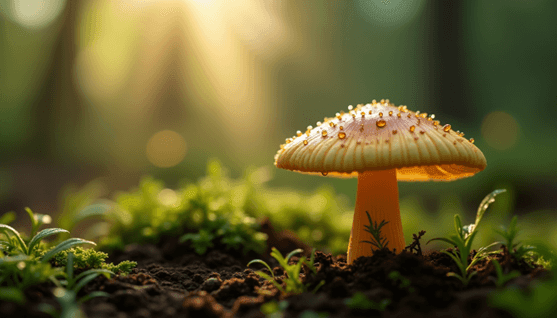 Close-up of a small yellow mushroom with dew drops in a sunlit forest