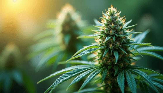 Close-up of a premium cannabis flower bud with vibrant green leaves and golden trichomes.
