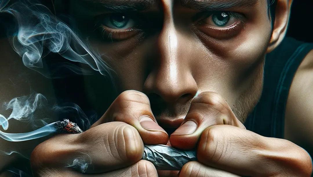 Close-up of a man smoking a hand-rolled cannabis joint with swirling smoke.
