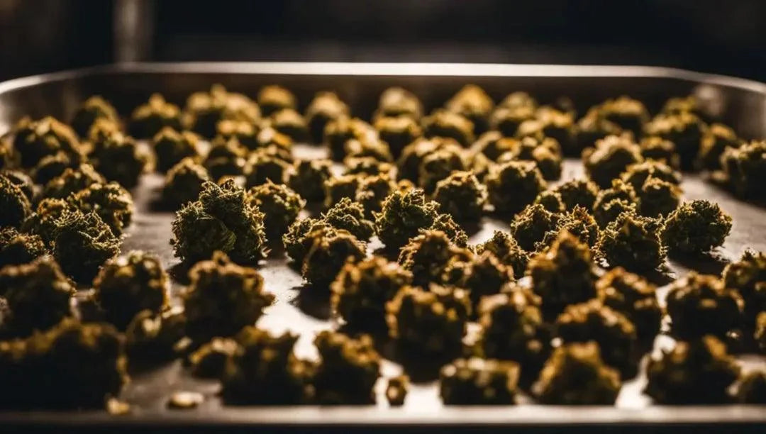 Dried premium cannabis flower buds spread on a metal tray for curing