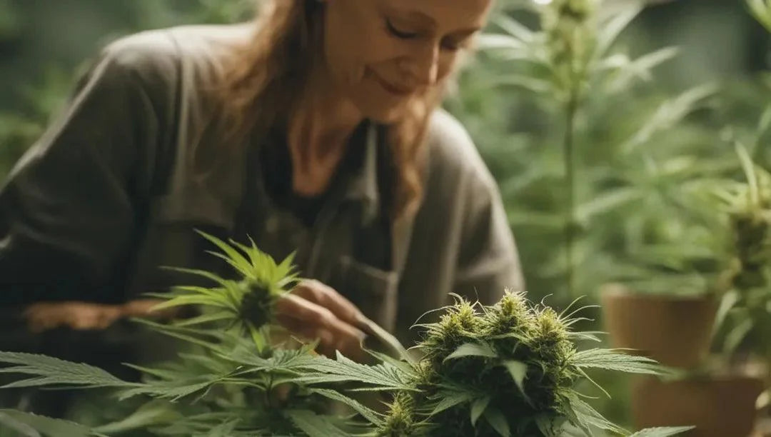 Person carefully pruning premium cannabis flower in a greenhouse
