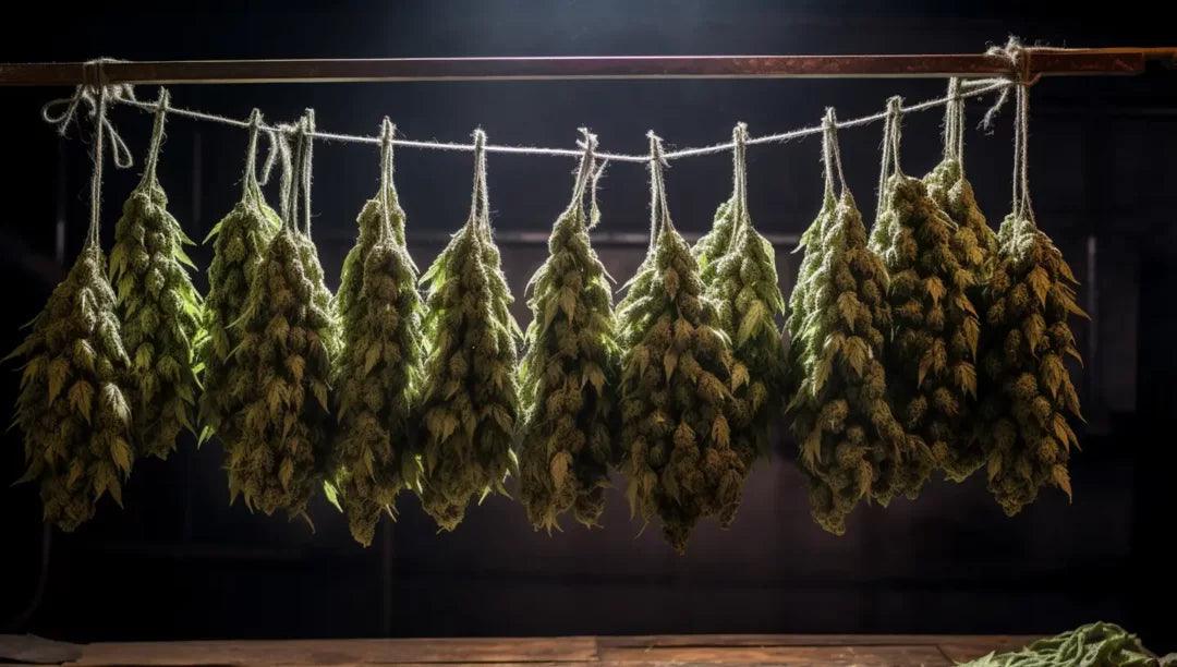 Premium cannabis flower buds hanging to dry on a line in a dark room