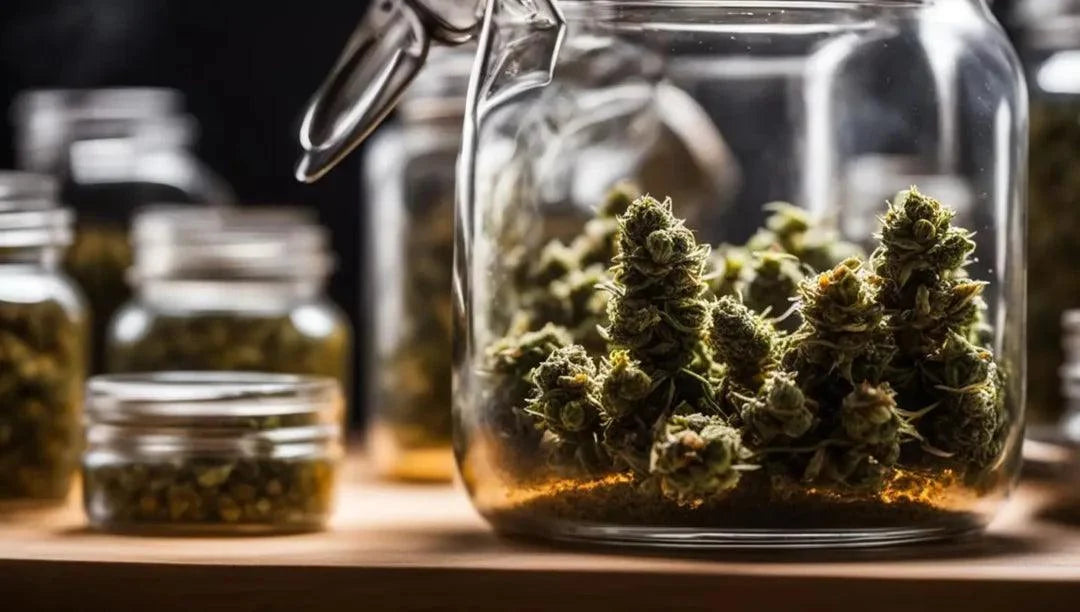 Premium dried cannabis flower buds stored in clear glass jars.