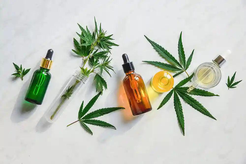 Premium cannabis oil droppers and fresh cannabis leaves on a white background