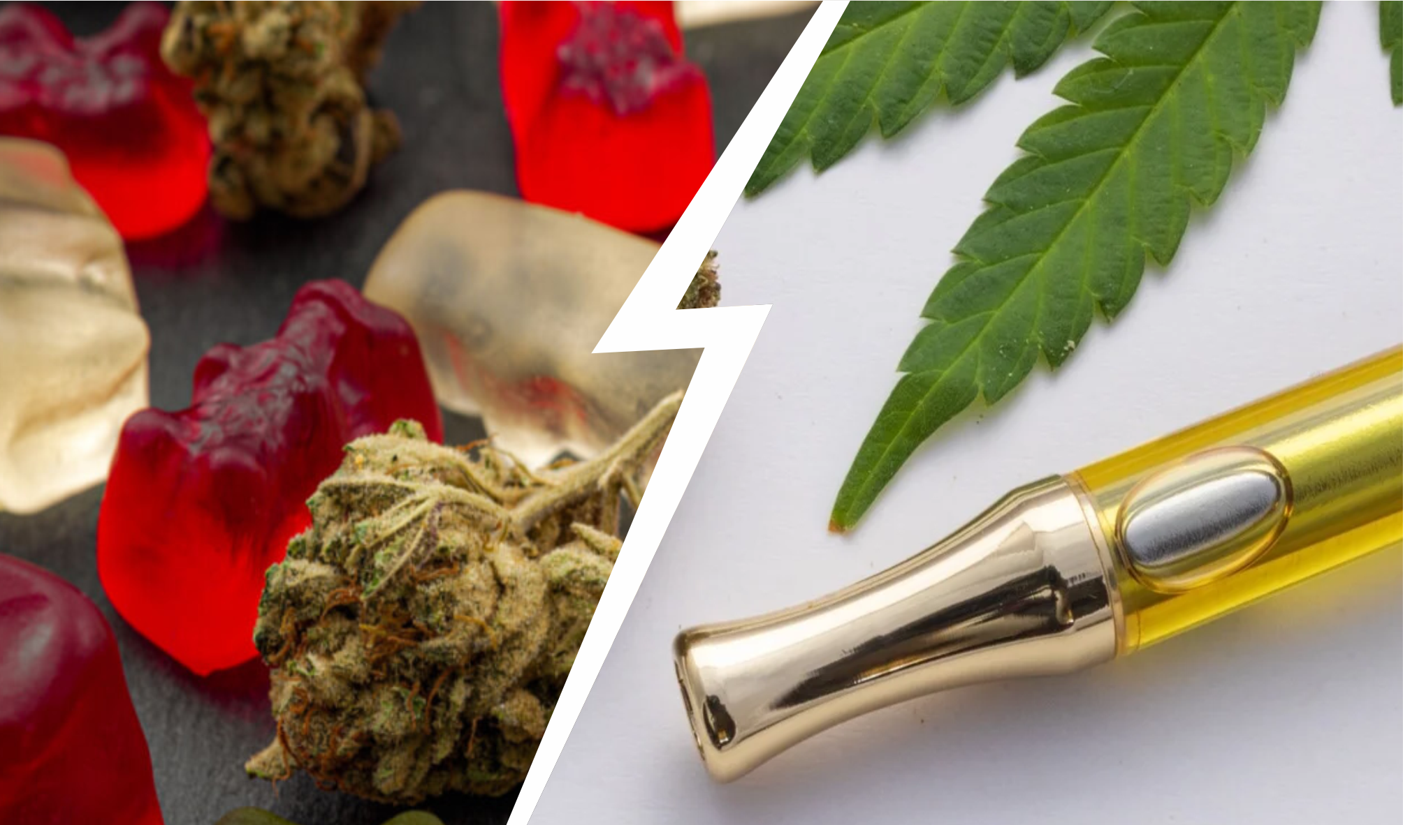 Variety of cannabis products including edibles, flower, and a vape pen.