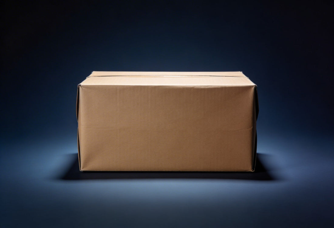A plain brown cardboard shipping box for discreet delivery against a dark blue background.