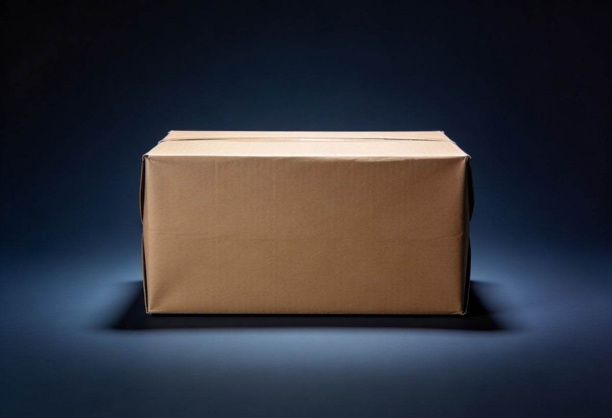 A plain brown cardboard shipping box for discreet delivery against a dark blue background.