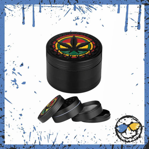 Black cannabis grinder with a colorful Rasta leaf design on the lid