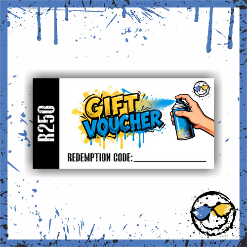 Graffiti-style R250 gift voucher with spray paint art and redemption code field.