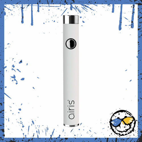 White Airis vape pen with silver accents against a white background with blue paint splatters.